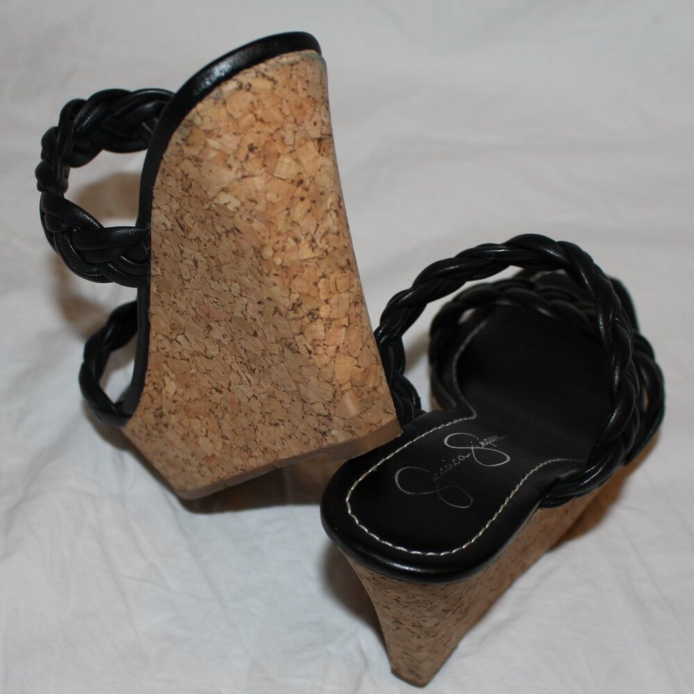 Jessica Simpson Black Leather Braided 2-Strap Cork Platform Wedge Sandals - Picture 9 of 16